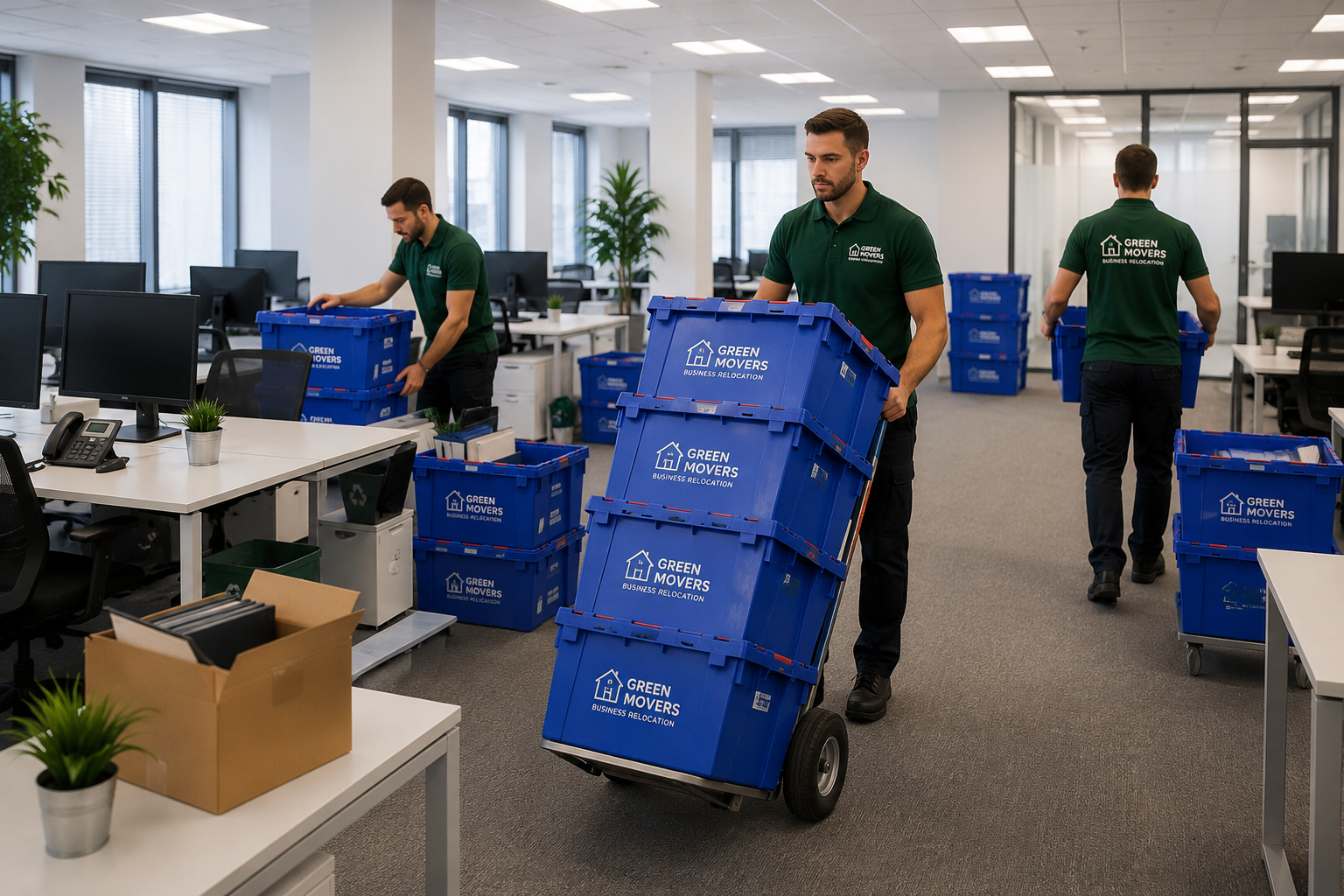 Professional movers moving office crates