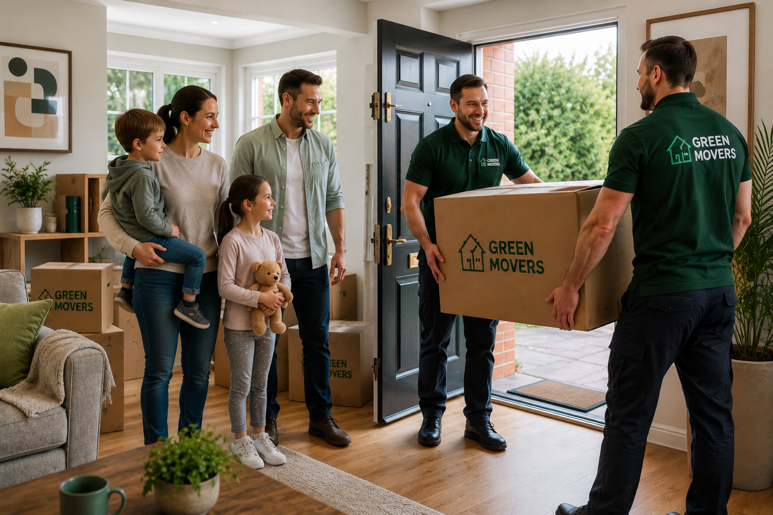 Smiling family greets moving day helpers