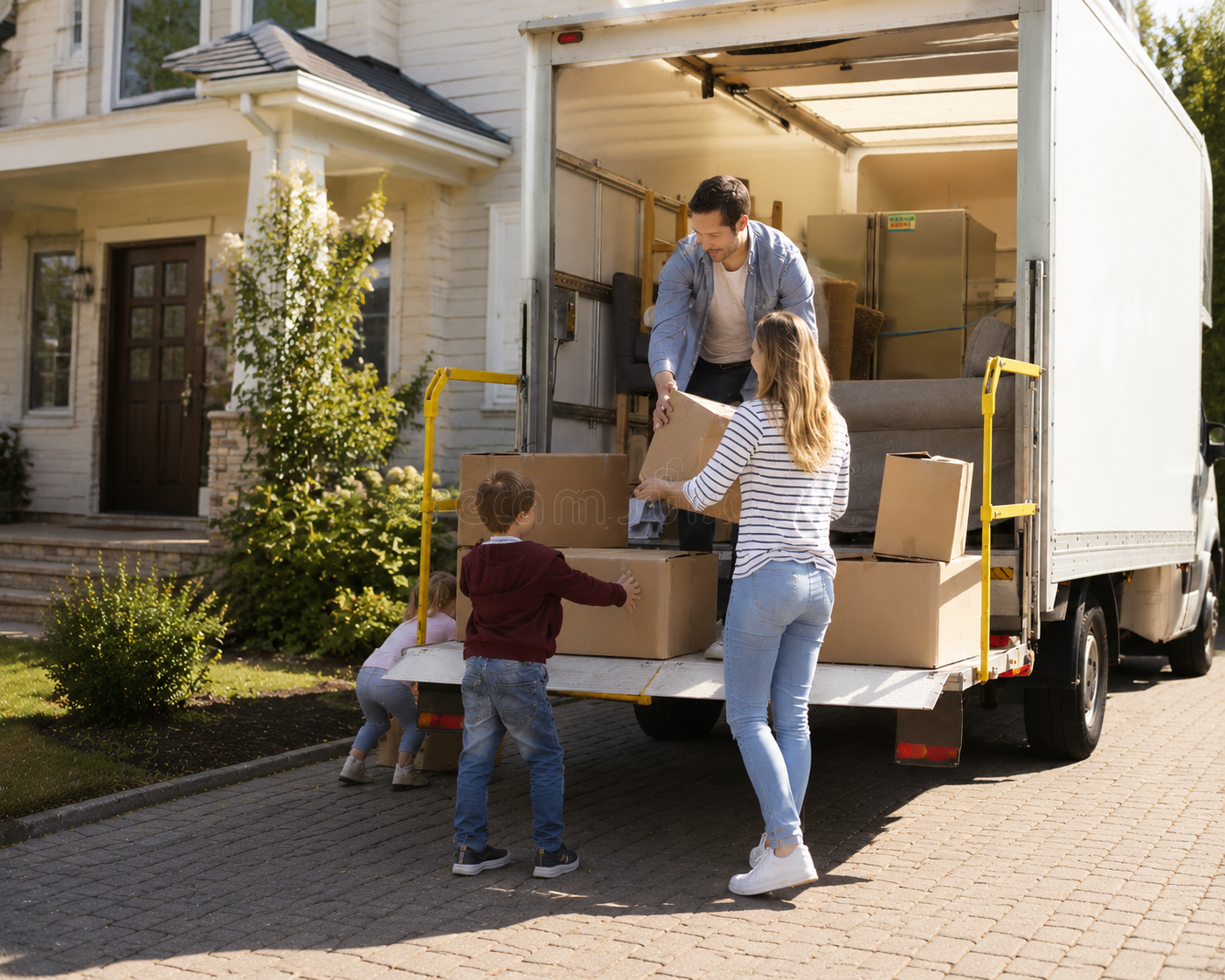 Family unloading moving boxes on a sunny day