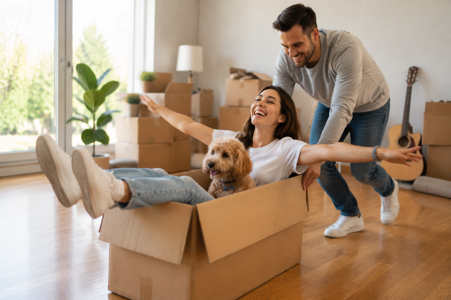 Family moving house with their pet